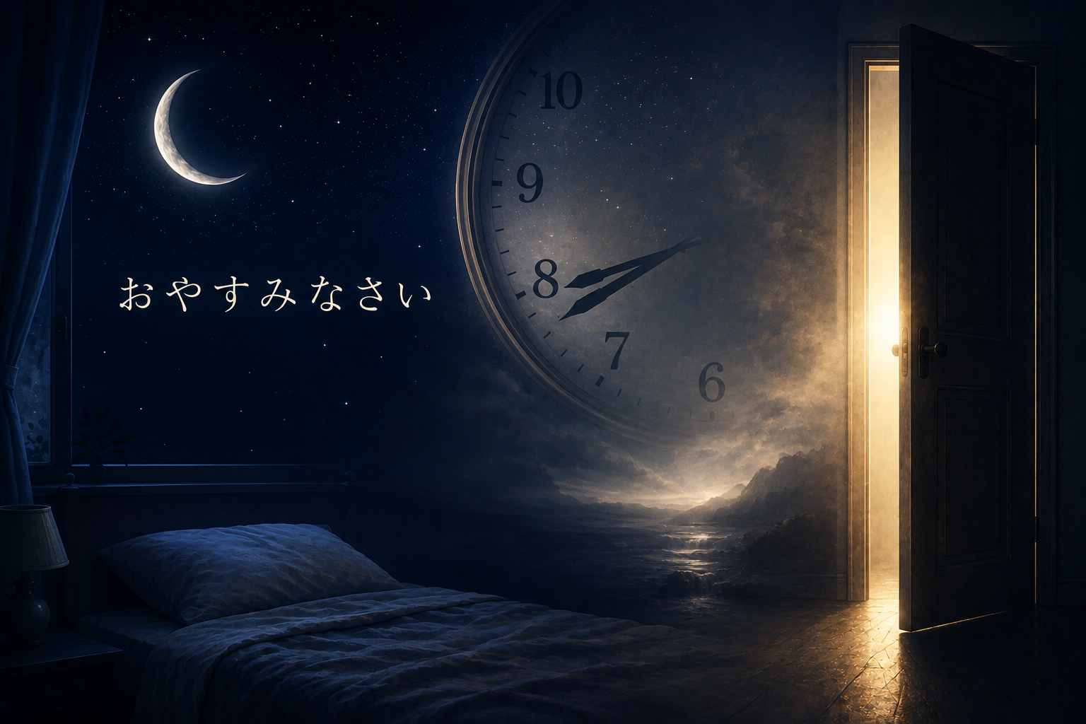 夜の寝室と三日月、8時を示す時計、光が差し込む扉