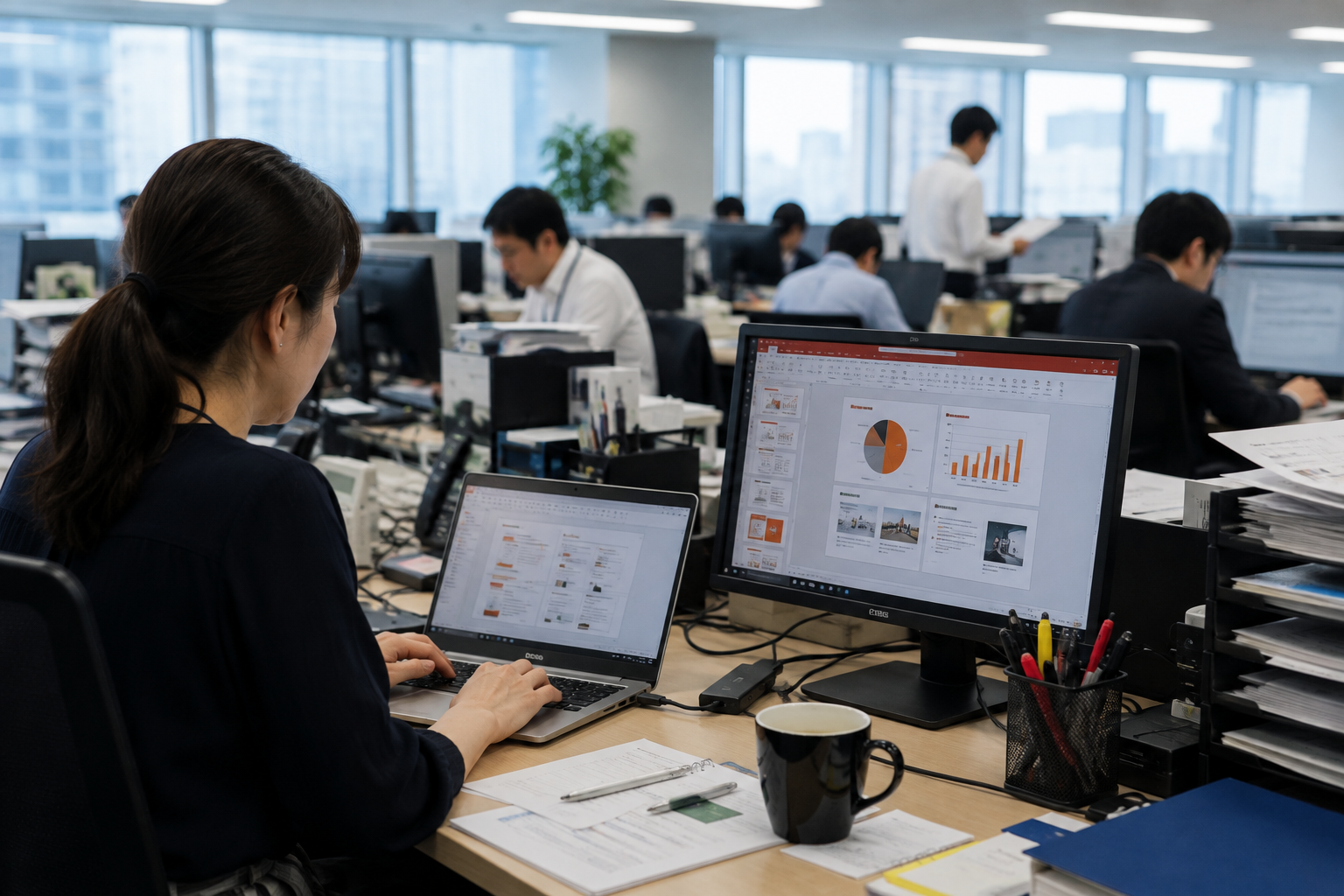 オフィスでパソコンに向かって仕事をする様子